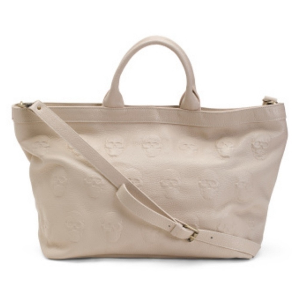 NWT IO Pelle Italia Beige Latte 3D Embossed Skull Weekender XL Bag Tote